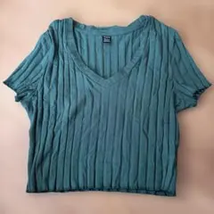 SHEIN リブ Vネック 半袖 Tシャツ グリーン