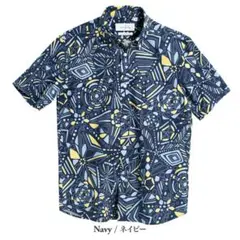 【値下げ！新品】かりゆしウェア（沖縄版アロハ）ネイビー 幾何学模様 半袖シャツM