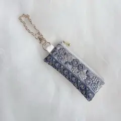 ハンドメイド　リップポーチ　ブルー花柄　インド刺繍リボン　ポーチ　プチギフトに