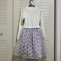 レース付き長袖ワンピース ホワイト・パープル　130 アナスイミニ