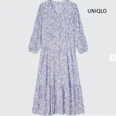 ユニクロ プリントVネック フレアワンピース 7分袖