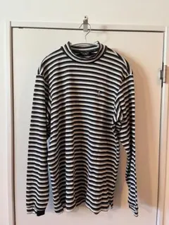 ペンギン刺繍のストライプ長袖カットソー　モックネック