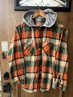 秋服 GU フード付きチェックネルシャツ M オレンジ グリーン