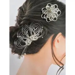 《セットでお得》和装　髪飾り　水引アクセサリー　2点セット　シルバー×ホワイト