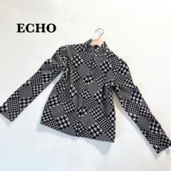ECHO 千鳥格子風 起毛ジップアップジャケット M ブラック アイボリー