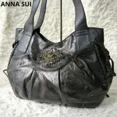 アナスイ　トートバッグ　バタフライ　スタッズ　編み込み　ブラック　レザー