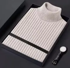 【フォロー割あり】伸縮抜群 リブ編み タートルネック ニット セーター ベージュ