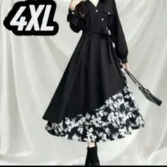 【新品】ワンピース　シャツ襟　4XL アシメ　花柄　スリット 黒 韓国