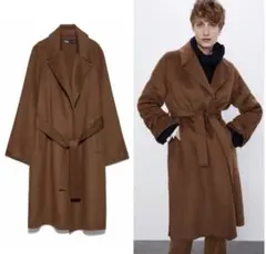 【美品】ZARA ウールブレンド ベルト付きガウンコート　M
