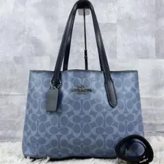 美品 コーチ PVC 2way ショルダーバッグ アベニュー シグネチャー 紺