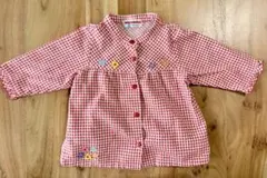 【美品】ミキハウス ギンガムチェック ブラウス 90 赤 お花 刺繍 長袖