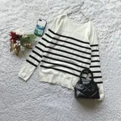 アズールバイマウジー ニット セーター ボーダー Vネック 薄手 S 長袖 白黒