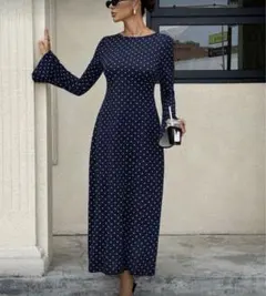 ネイビーブルー ドット柄 ロングワンピース　ロングワンピース　ドットロングワンピ