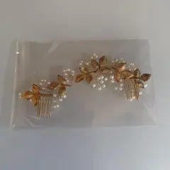 ウェディング ヘッドドレス ゴールド リーフ パール コーム