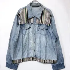 NEW IDENTITY 古着 ビーズフリンジ ネイティブ柄切替デニムジャケット