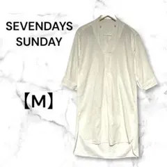 【セブンデイズサンデイ】リネン混シャツワンピース 7分袖 Ｖネック 綿麻混 白