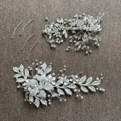 【美品】ウエディングブライダル結婚式　ヘアピン飾り　パールとお花の装飾　シルバー