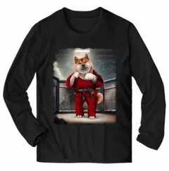 柴犬しばいぬ空手柔道チャンピオン赤い道着長袖Tシャツ