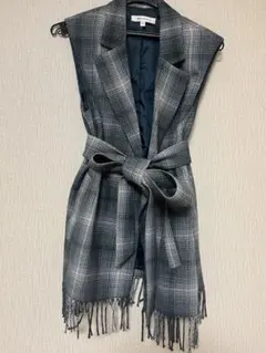 moussy グレー系チェックフリンジロングベスト