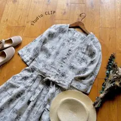 スタディオクリップ＊フランダースリネン ブーケ柄 五分袖ロングワンピース