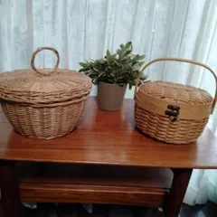 バンブー丸型蓋付きかご＆バスケット ハンドル付き＆IKEAフェイクグリーン