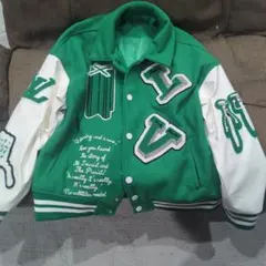 刺繍入りスタジャン 緑/白