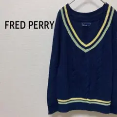 フレッドペリー/FRED PERRY【S】チルデンニット　刺繍ロゴ　Vネック　紺
