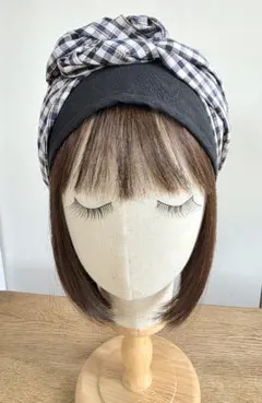 ターバン帽子☆カフェ帽子☆ケア帽子☆ガーゼブラック×ドビーチェック☆綿100