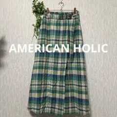 AMERICAN HOLIC ラップ風チェックロングスカート M グリーン