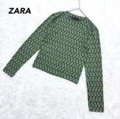 【ザラ】ニットカットソー S グリーン 総柄 ストレッチ タイトシルエット 秋