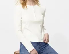 ユニクロ リブヘンリーネックT ホワイト S