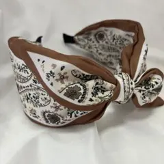 r*！様 サテンリボンカチューシャ　ブラウン系×フラワー柄