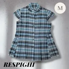 RESPIGHI レスピーギ チェック柄 半袖ブラウス M チュニック ブルー系