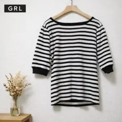 GRL ボーダーリブニット トップス ブラック M 五分袖 カットアウト