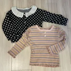 花柄の前開きトップスとストライプのロングTシャツのセット