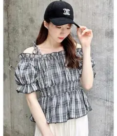 INGNI 肩リボンチェック柄オフショルブラウス