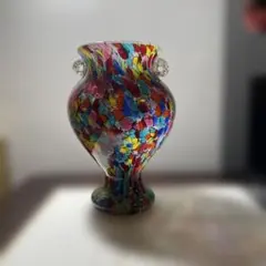 未使用 ムラーノガラス ミルフィオリ 両耳 ハンドル 花瓶 ブルー
