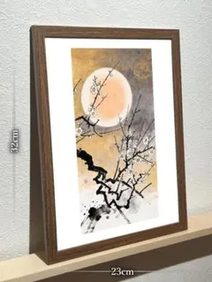 和モダン 花鳥風月 水墨アート A4額装 金箔風インテリアアート 木目
