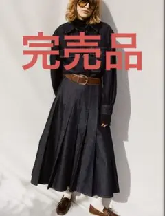 【新品】H&Mレディースデニムプリーツスカートダークデニムブルー36