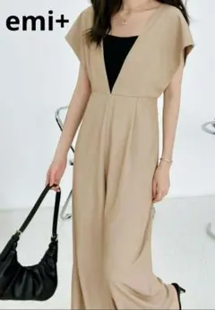 【エミプラス】薄手 フレンチスリーブ ワイドオールインワン サロペットパンツL