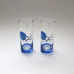 コップ 2個セット ガラス 青 夕日 鳥 海 ミッドセンチュリー ポストモダン
