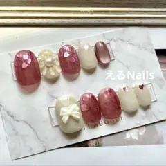 200.現品 ネイルチップ ハートホロ マグネット リボン ぷっくり 花 個人