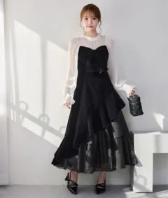 ベロアリボンロングワンピース ブラック×ホワイト / FREE