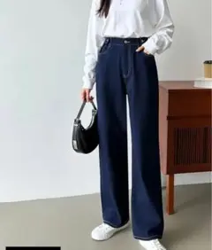 最終値下げです！新品未使用ダークブルー ワイドデニムパンツ ハイウエストS