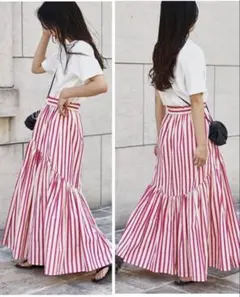 極美品　チャオパニック　ドロストギャザーストライプボリュームスカート　ティアード