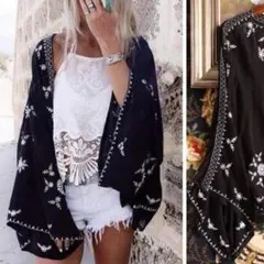新品★刺繍レース付き着心地抜群ラクボレロカーデ黒