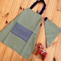 着脱簡単！ 子供エプロン 120 〜 130 三角巾セット☆ くすみグリーン