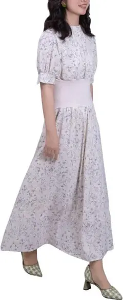 [コブユヒ] ワンピース 立ち襟 ゴムウエスト プリントワンピース ロング レデ