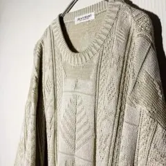 【個性派古着】網柄　好デザイン　ベージュ ニット　セーター　コットンレーヨン　L