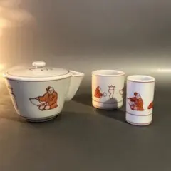 N236、 赤絵 京燒 清水燒 春山作 急須宝瓶 湯呑み3点セット未使用保管品